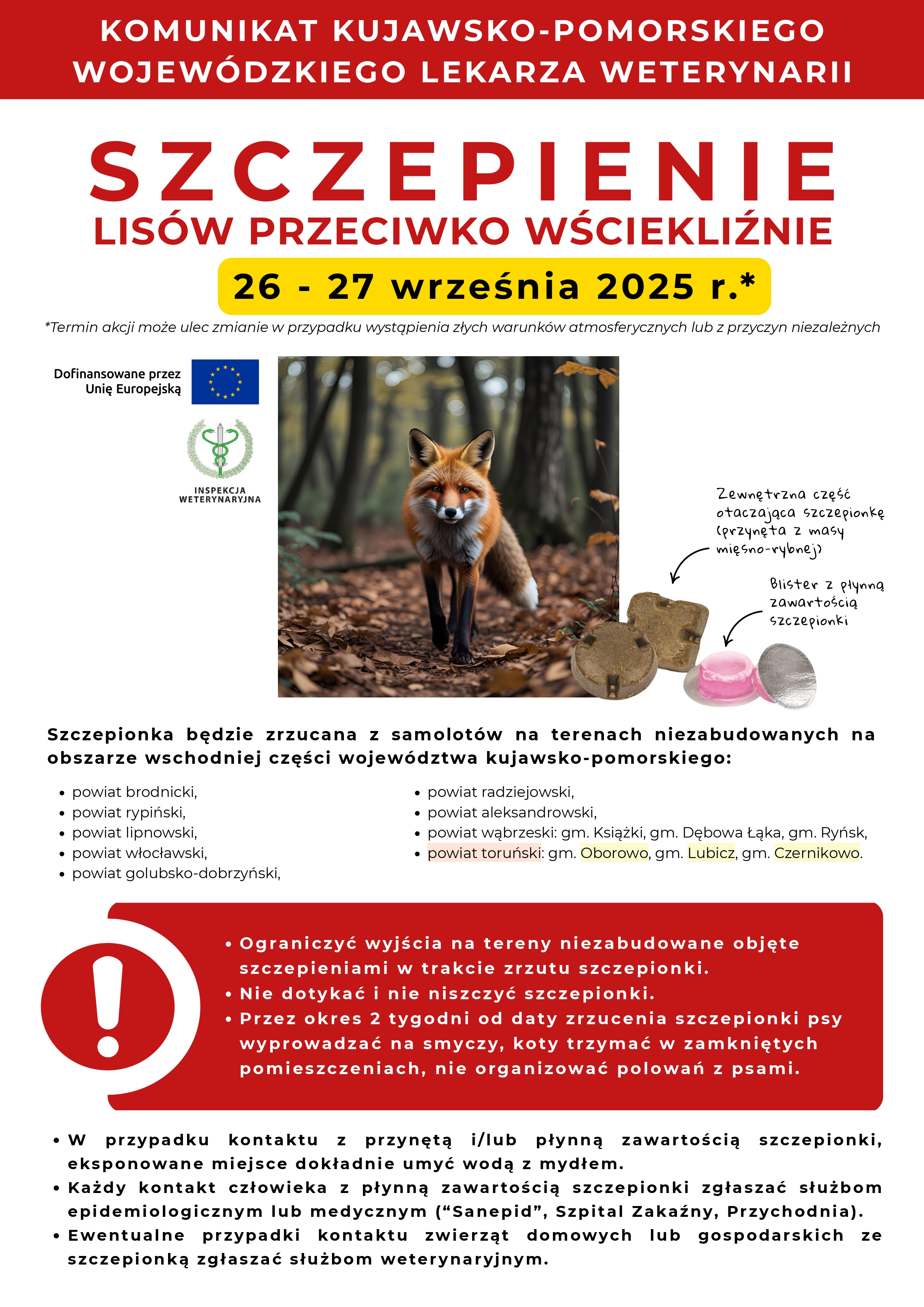 Plakat informujący o akcji doustnego szczepienia lisów wolnożyjących przeciwko wściekliźnie