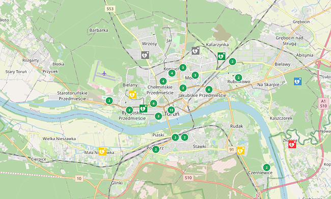Mapa defibrylatorów AED na terenie Torunia
