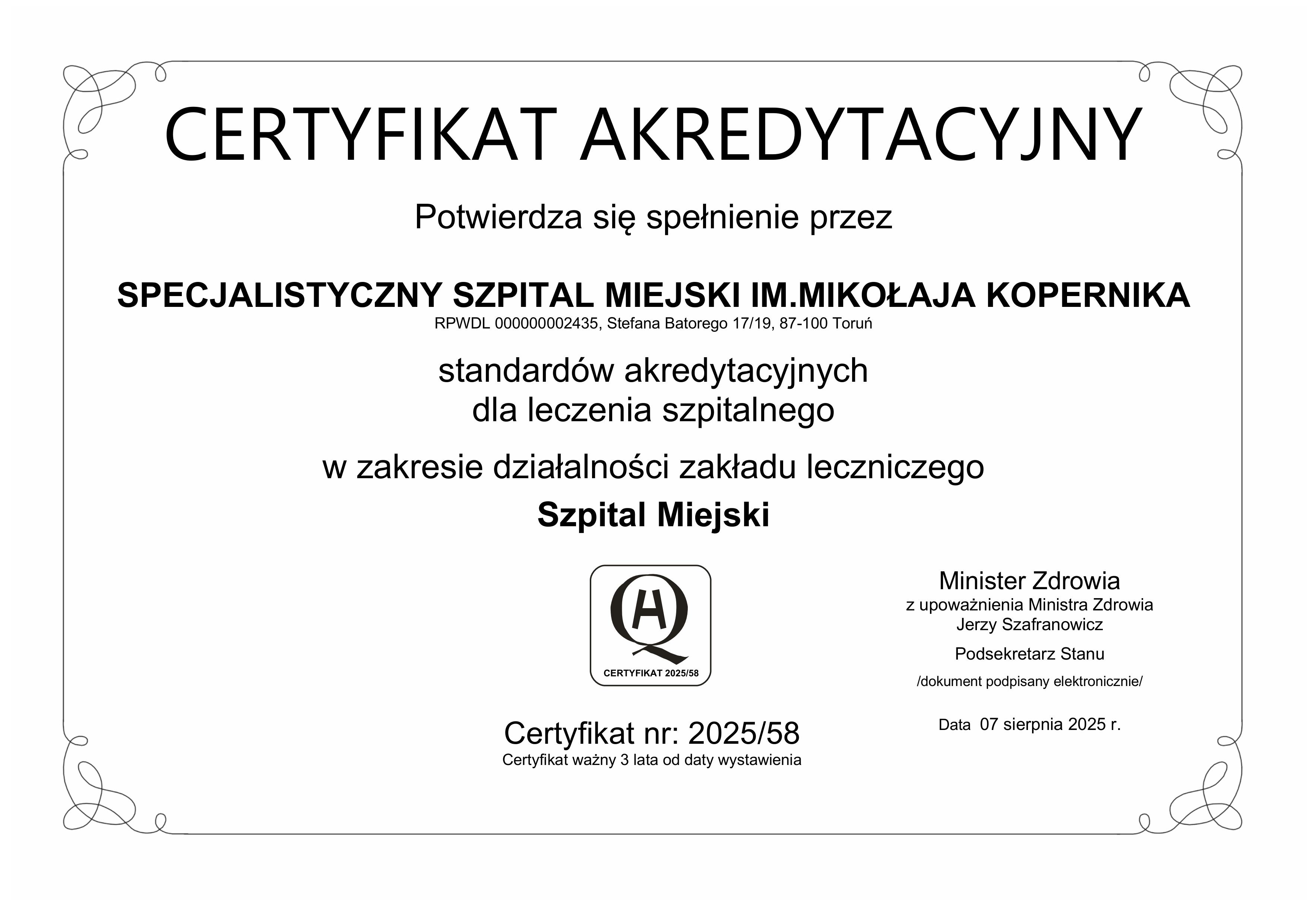 Szpital Miejski z Certyfikatem Akredytacyjnym Ministra Zdrowia
