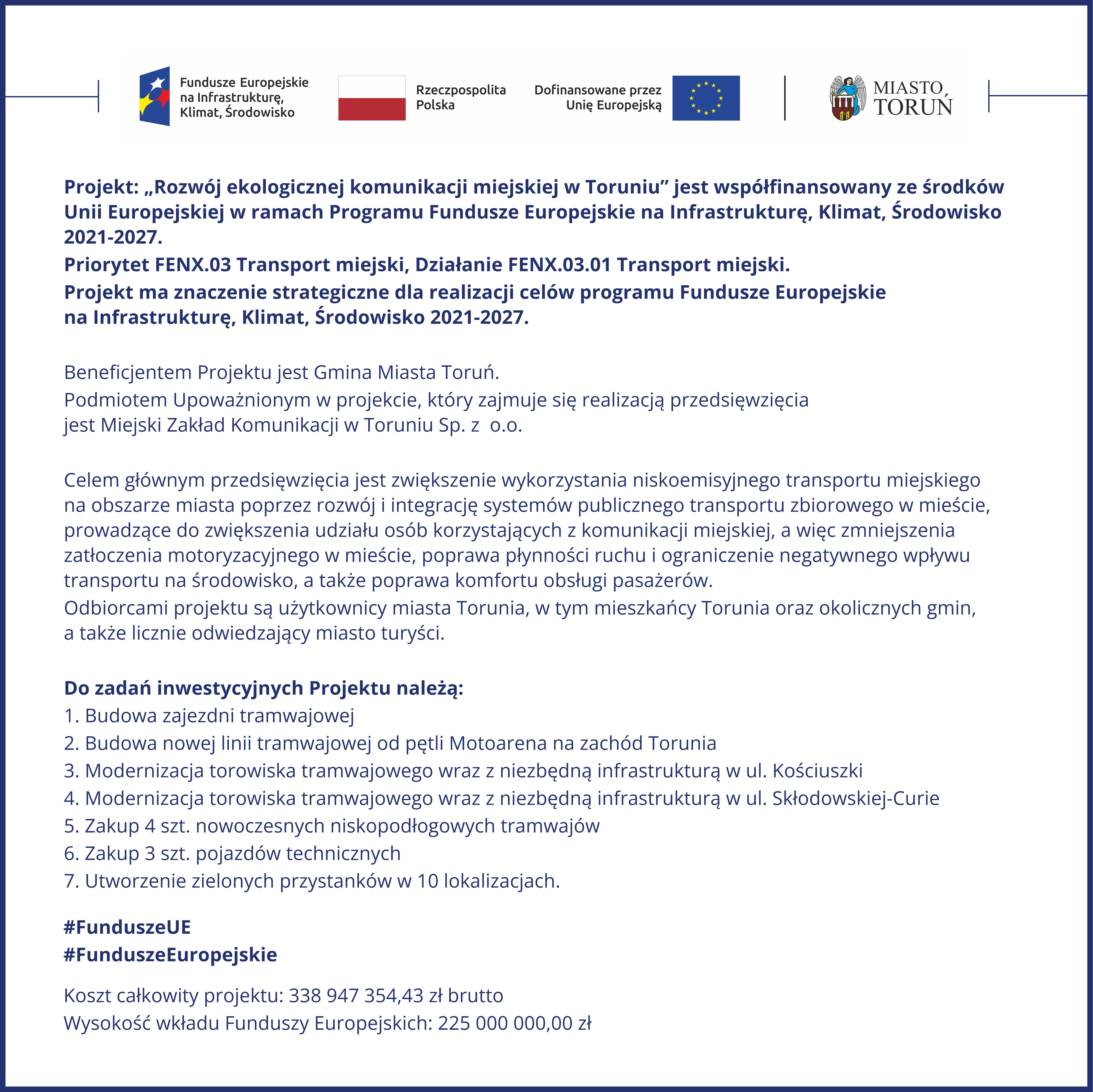 Rozwój ekologicznej komunikacji miejskiej w Toruniu - plansza unijna