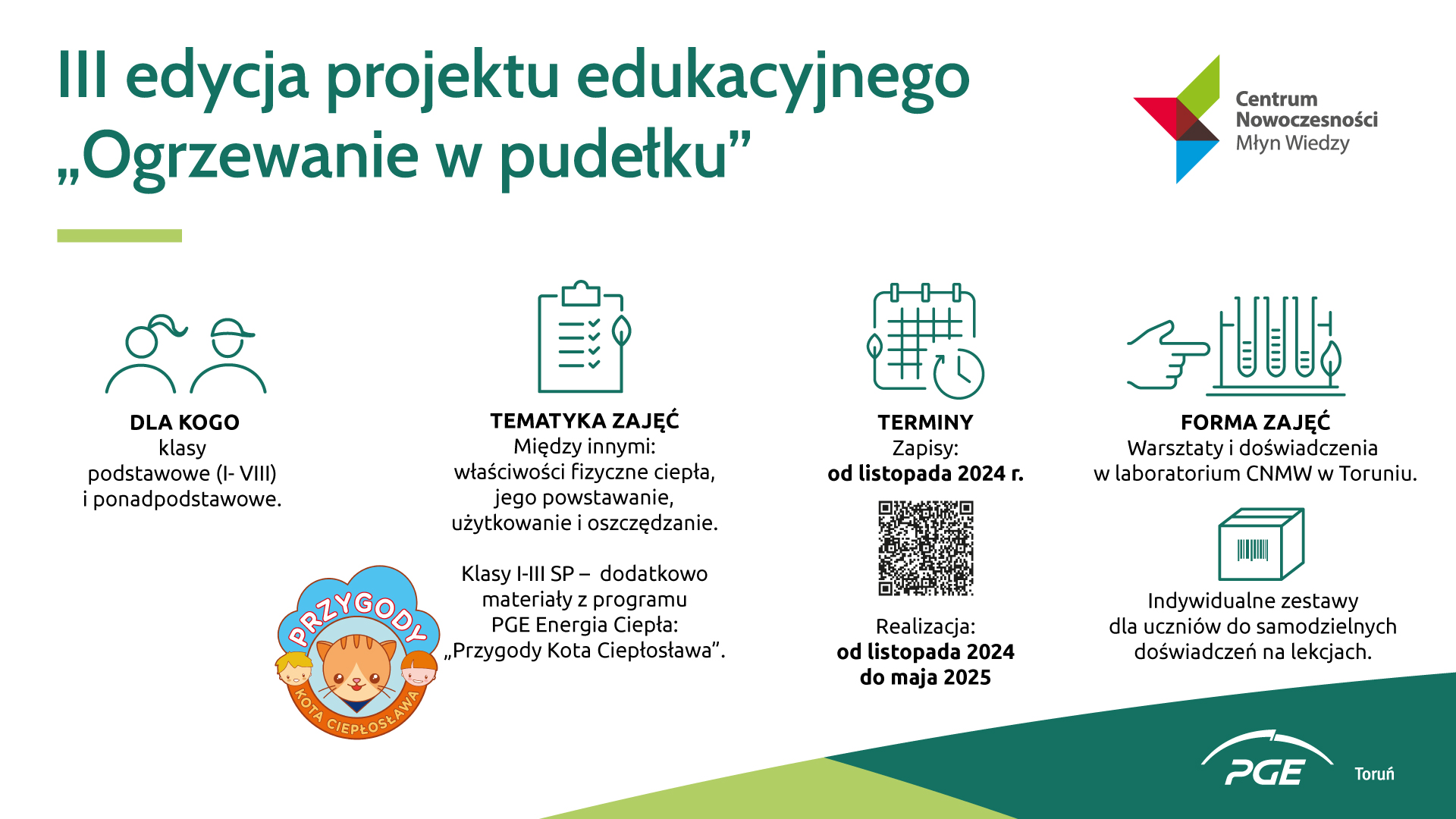 W listopadzie 2024 r. ruszają zapisy do III edycji programu edukacyjnego o cieple „OGRZEWANIE w pudełku”, przygotowanego przez PGE Toruń oraz Centrum Nowoczesności Młyn Wiedzy.