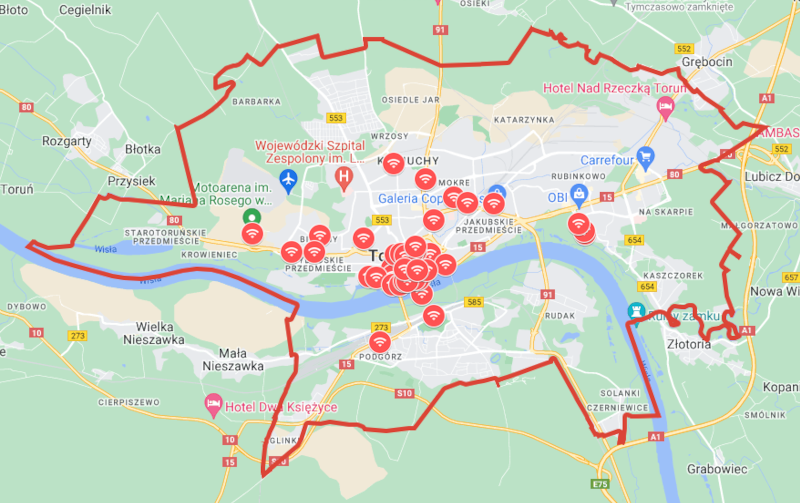 Mapka punktów dostępowych do miejskiej sieci WiFi