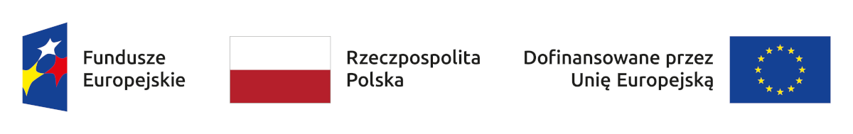 Logotyp i napis Fundusze Europejskie; polska flaga i napis Rzeczpospolita Polska; napis Dofinansowane przez Unię Europejską i logo Unii Europejskiej.