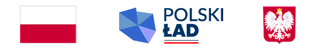Logotypy: flaga Polski, logo Polskiego Ładu, herb Polski