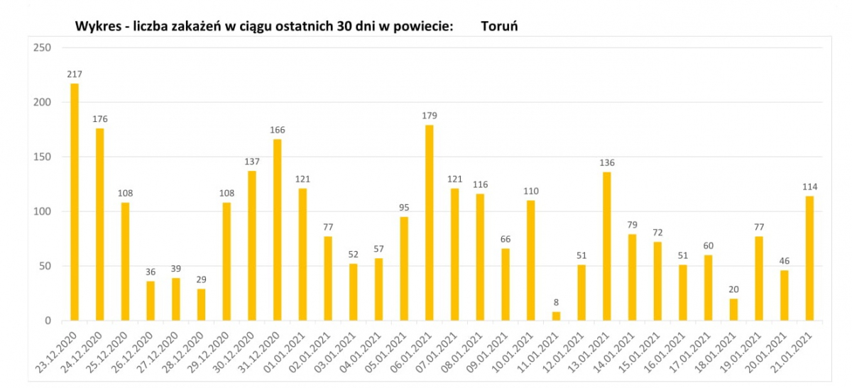 Wykres - liczba zakażeń w ciągu ostatnich 30 dni Toruń 21/01/2021