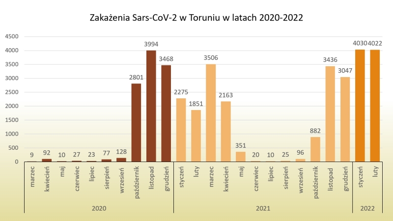 Wykres - zakażenia koronawirusem miesięcznie 15.02.2022