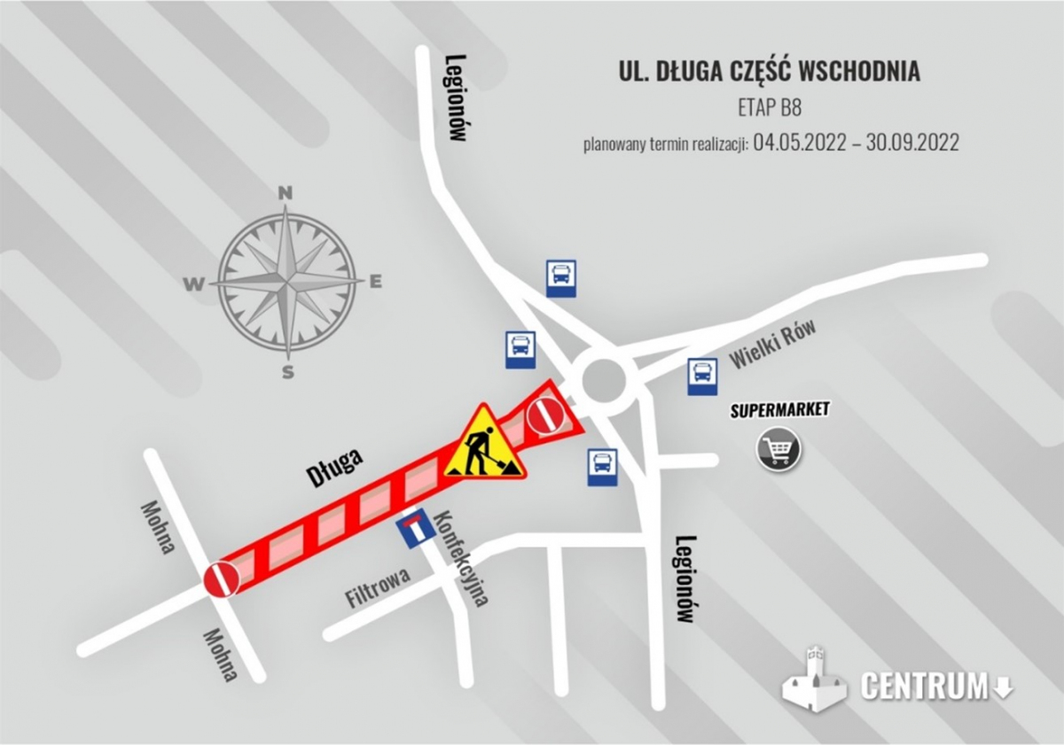 Schemat przedstawiający zmiany w ruchu drogowym na ul. Długiej Schemat przedstawiający zmiany w ruchu drogowym na ul. Długiej