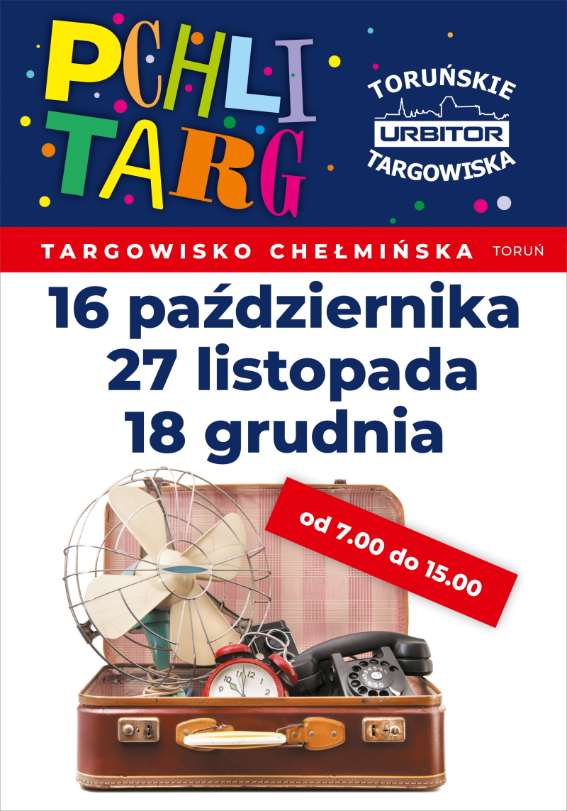 KOlorowe litery na niebieskim tle i otwarta walizka pełna rupieci