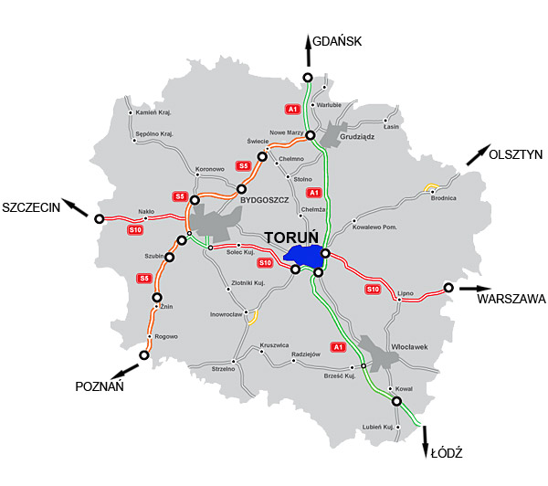 Mapka głownych dróg w województwie kujawsko-pomorskim