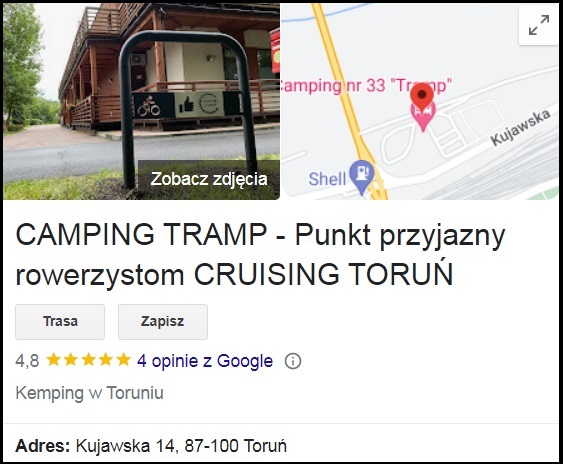 Kemping Tramp - punkt przyjazny rowerzystom - mapa google