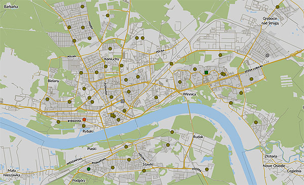 mapa z punktami pomiarowymi powietrza w Toruniu