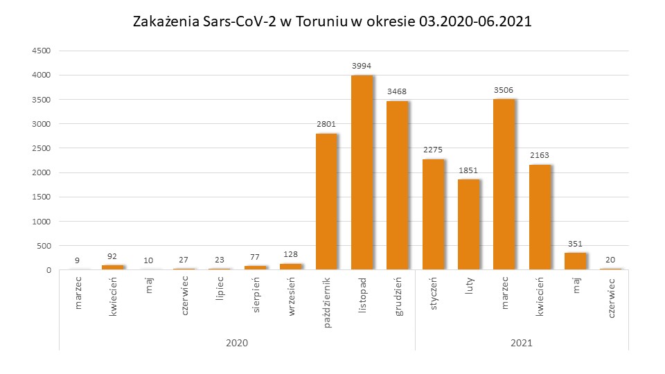 Wykres z zakażeniami w Toruniu od początku epidemii 