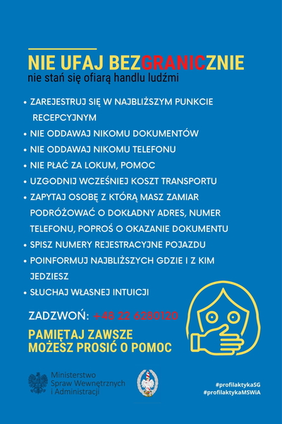 Plakat ostrzegający o możliwości wykorzystania sytuacji na granicy polsko-ukraińskiej do handlu ludźmi