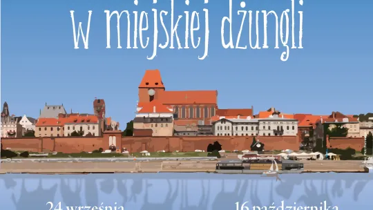Plakat z panoramą Torunia na niebieskim tle