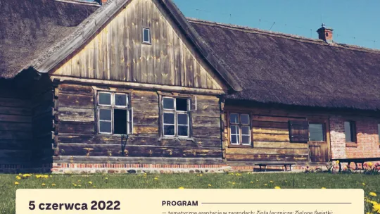 Plakat wydarzenia z chatą olenderską i niebem