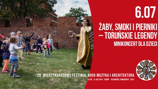 grafika z dziećmi na koncercie w plenerze, na trawie, z boku napis 6.07 Żaby, smoki i pierniki - toruńskie legendy, minikoncert dla dzieci