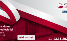 Grafika z flagą biało-czerwoną informuje o dyktandzie z okazji Święta Niepodległości