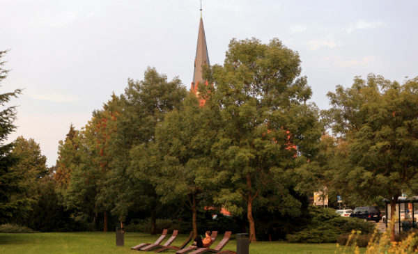 Na zdjęciu: teren zieleni w centrum Torunia, drewniane leżaki na trawniku