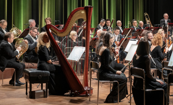 Na zdjęciu: orkiestra podczas koncertu, na pierwszym planie harfa