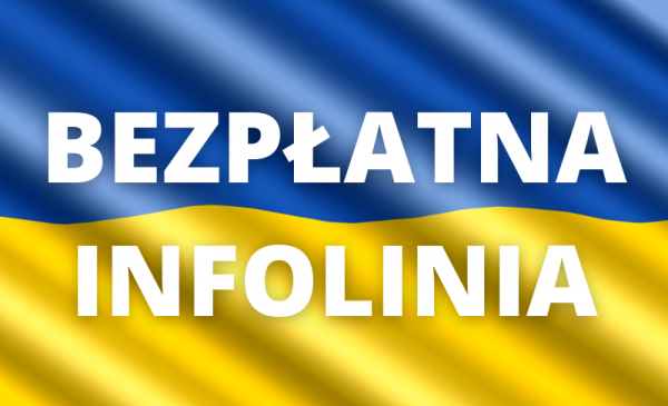 Na zdj: flaga Ukrainy z napisem bezpłatna infolinia