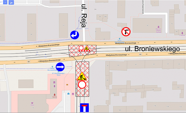 Mapka przedstawiająca sytuację na skrzyżowaniu ulic Broniewskiego i Reja 