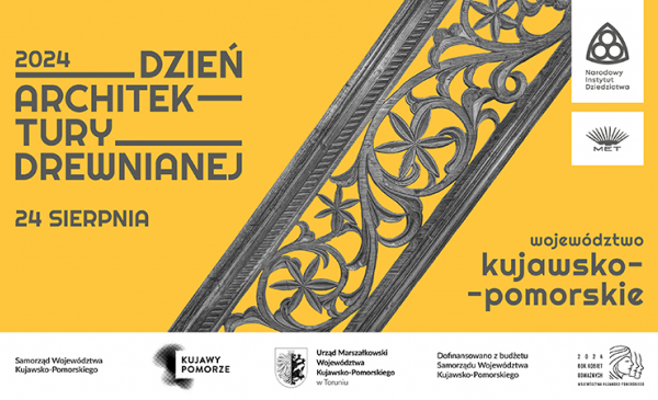 Żółty plakat wydarzenia z przedstawionym  drewnianym detalem