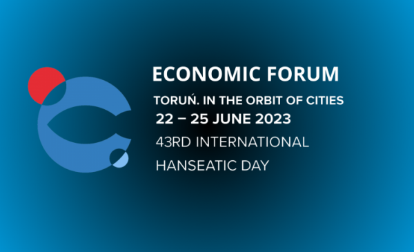 Grafika informująca o Forum Gospodarcze w ramach 43. Międzynarodowego Zjazdu Miast Nowej Hanzy