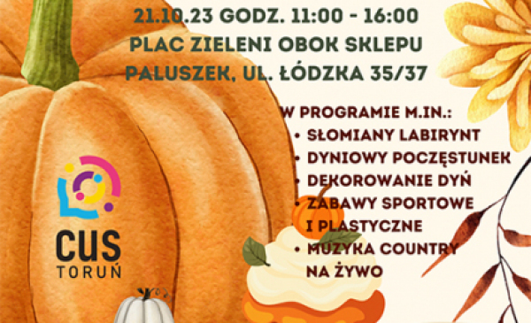 Plakat imprezy "Dyniowe Love" z pomarańczowymi dyniami