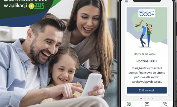 Plakat z rodziną, dzieckiem i telefonem z aplikacją mobilną ZUS