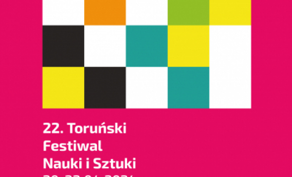 Plakat festiwalu - prostokąt z kolorowych kratek na różowym tle