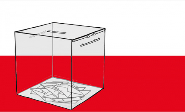 Przezroczysta urna wyborcza na biało-czerwonym tle.