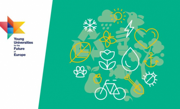 Grafika przedstawia logo YUFE i symbole takie jak kwiaty, rower, kropla wody.