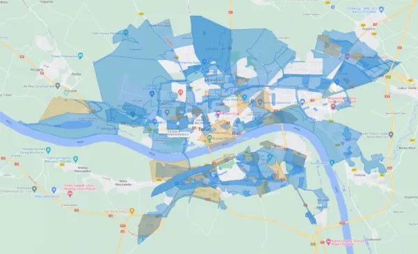 Mapka Torunia. Na niebiesko zaznaczono obszary, dla których uchwalono mpzp.