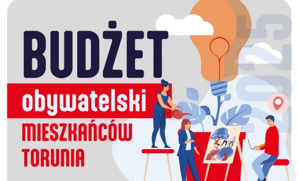 Fragmant plakatu budżetu obywatelskiego. Napis: budżet obywatelski mieszkańców Torunia 2025.