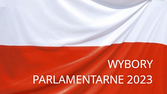 Flaga biało-czerwona oraz napis: wybory parlamentarne 2023