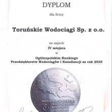 Dyplom dla Toruńskich Wodociągów za zajęcie IV miejsca w 14. Ogólnopolskim Rankingu Przedsiębiorstw Wodociągów i Kanalizacji