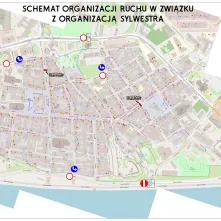 Mapa przedstawiające organizację ruchu podczas Sylwestrowej Mocy Przebojów w Toruniu