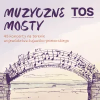 Grafika (logo) projektu z napisem zawierającym sformułowania: Muzyczne mosty, Toruńska Orkiestra Symfoniczna oraz 43 koncerty na terenie wojeództwa kujawsko-pomorskiego