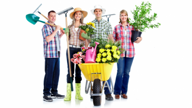 Na zdjęciu: czworo ludzi z roślinami i sprzętem ogrodniczym