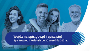 Grupa uśmiechniętych ludzi i napis: wejdź na spis.gov.pl i spisz się!
