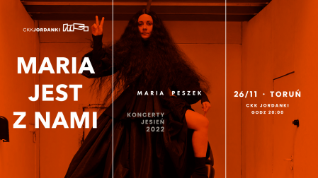 Plakat koncertu Marii Peszek w kolorystyce czerni i czerwieni z postacią artystki