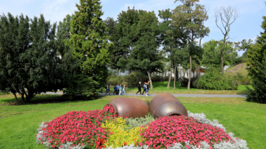 Na zdjęciu: kwiaty ułożone tak, by wypływały z glinianych amfor na trawniku w centrum miasta, w tle drzewa