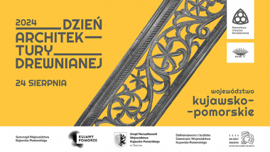 Żółty plakat wydarzenia z przedstawionym  drewnianym detalem