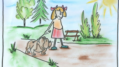 Zdjęcie przedstawia rysunek, na którym dziewczynka spaceruje po parku z psem.