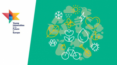 Grafika przedstawia logo YUFE i symbole takie jak kwiaty, rower, kropla wody.