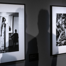 Na zdjęciu cienie gości padają na dwie prace Helmuta Newtona