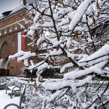 Okolice Bramy Klasztornej w Toruniu w śnieżnej scenerii, fot. Wojtek Szabelski